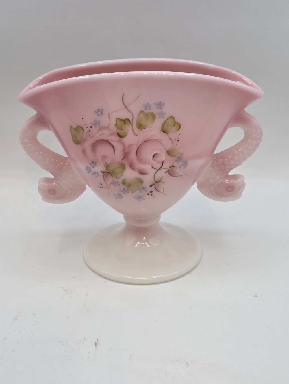 Fenton Rosaline Signed Pink Double Handle Fan Vase